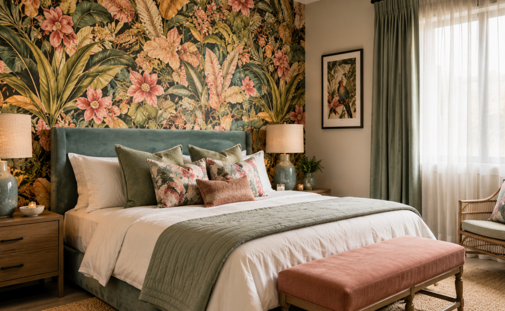 Beautiful floral wallpaper in a bedroom