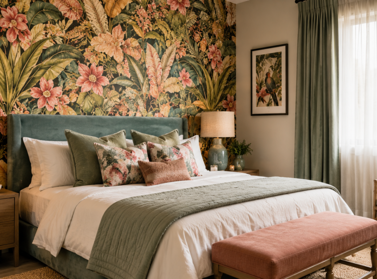 Beautiful floral wallpaper in a bedroom