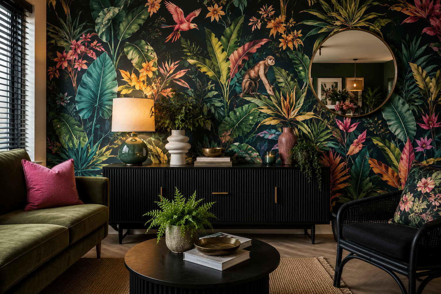 Bold and dark wallpaper for a modern living room space