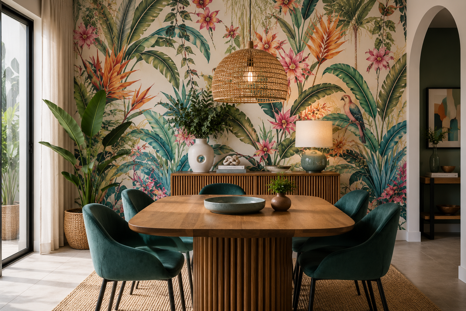 Beautiful wallpaper decorating a small dining room and tying it together
