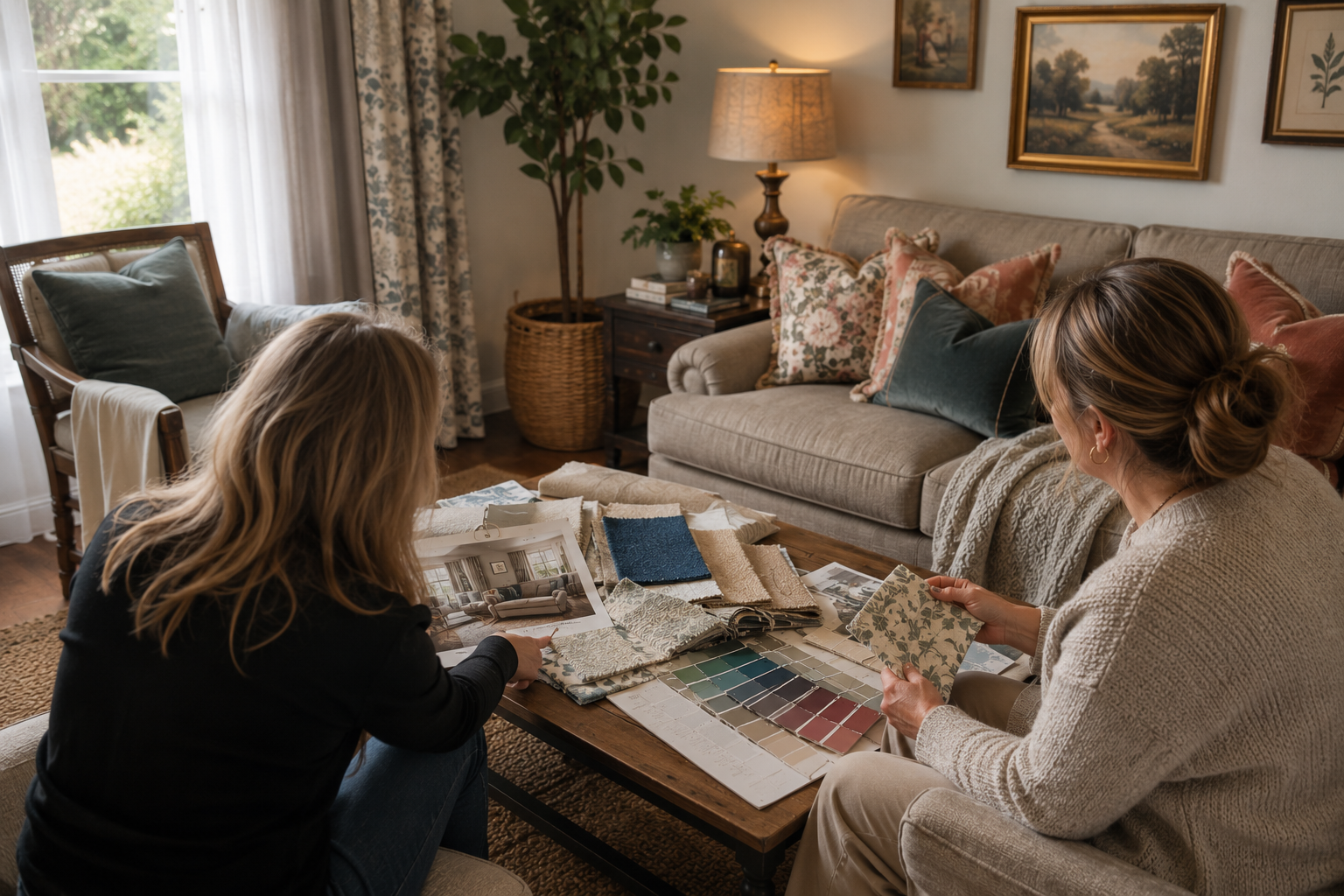 A realistic living room consultation scene showing a homeowner and designer from behind or partially visible