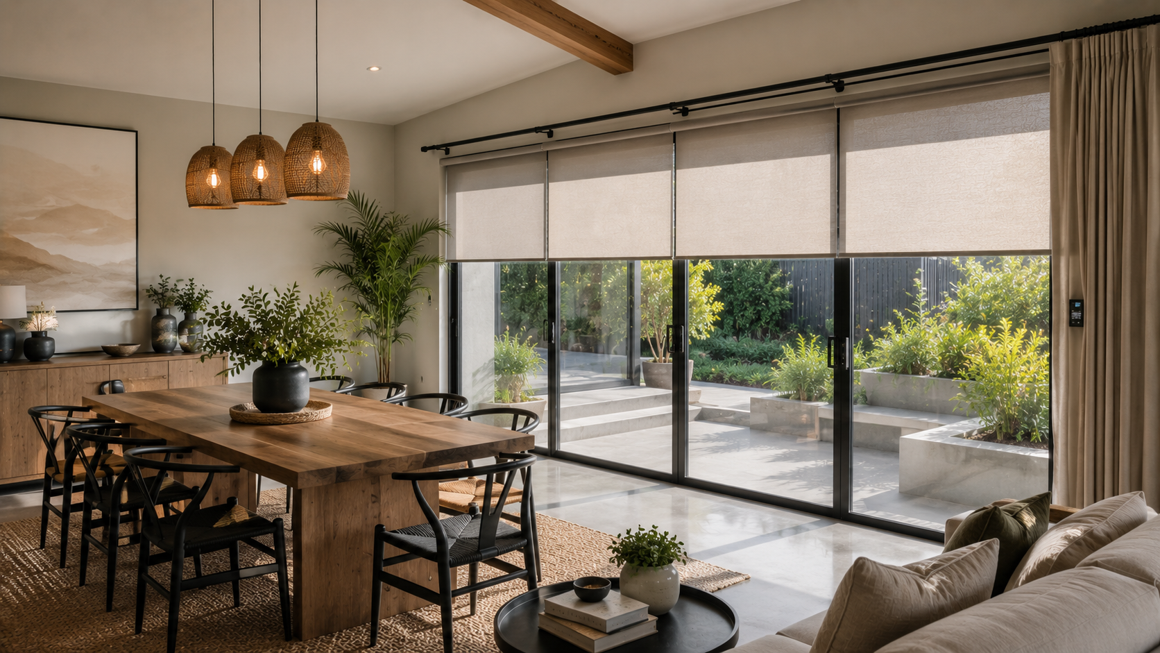 Motorized blinds in a living room space