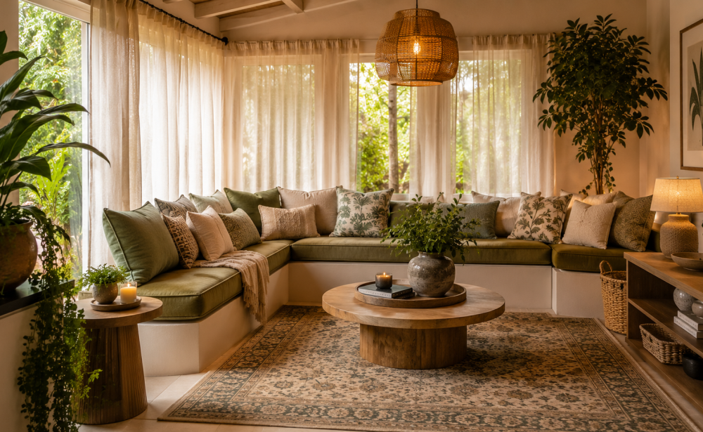 Sunlit boho living room oasis
