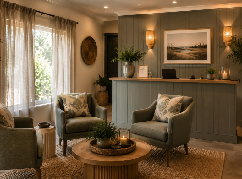Cozy, rustic lobby with natural decor