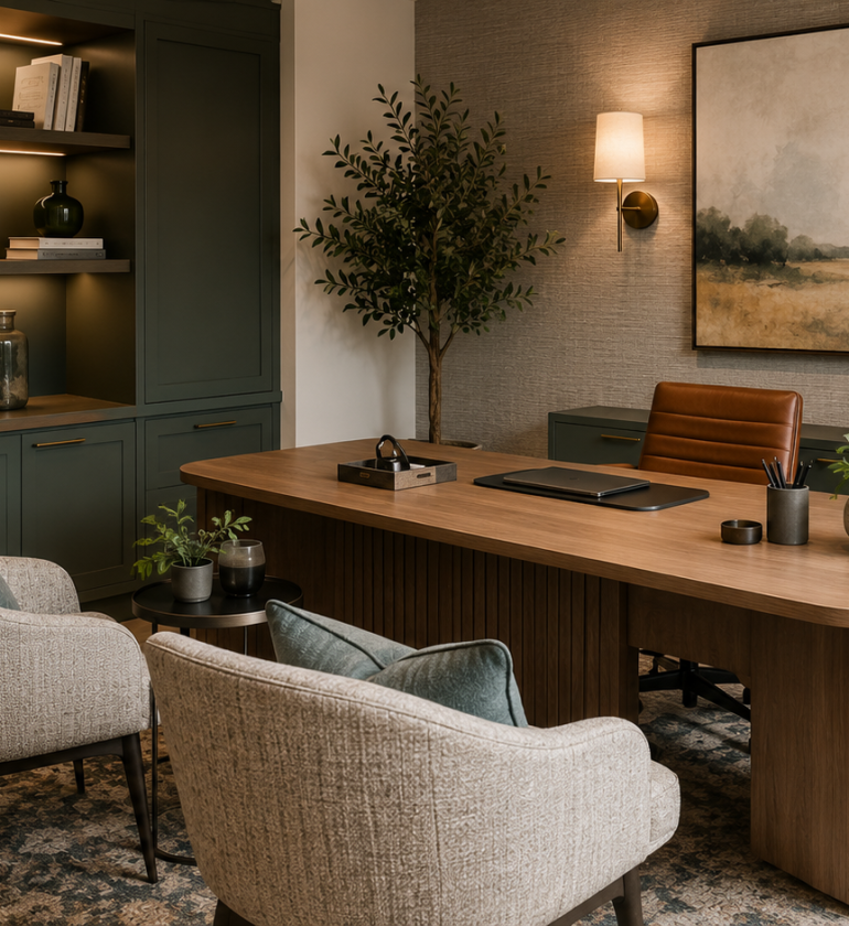 Modern study with neutral tones and greenery