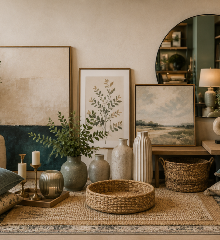 Cozy neutral-toned home decor vignette
