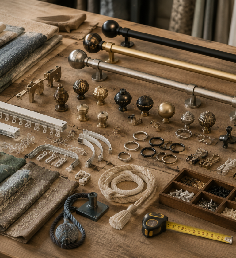 Curtain hardware and fabric samples workspace