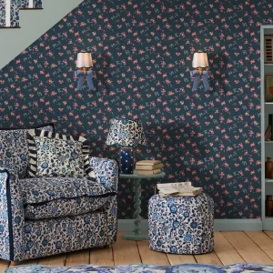 Rose & Bows Navy Wallpaper
