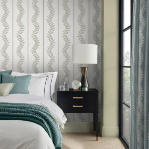 Laurel Leaf Stripe Sky & Green Wallpaper