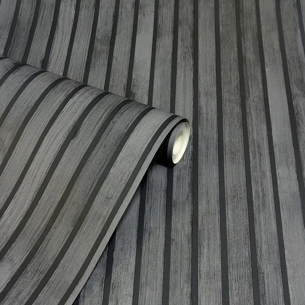 Wood Slats Charcoal Grey Wallpaper - Image 3