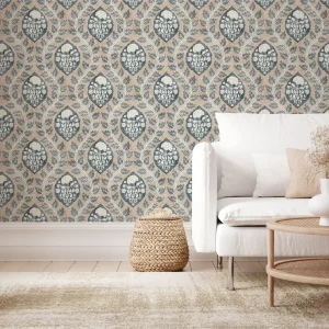 Floral Cartouche Wallpaper Stone Blue
