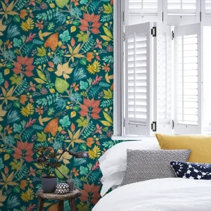 Lush Leaves - Teal & Corn Wallpaper