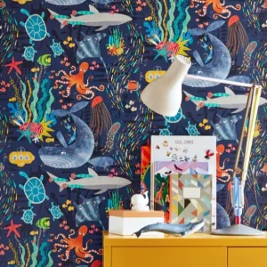 Beneath the Waves Prussian Wallpaper